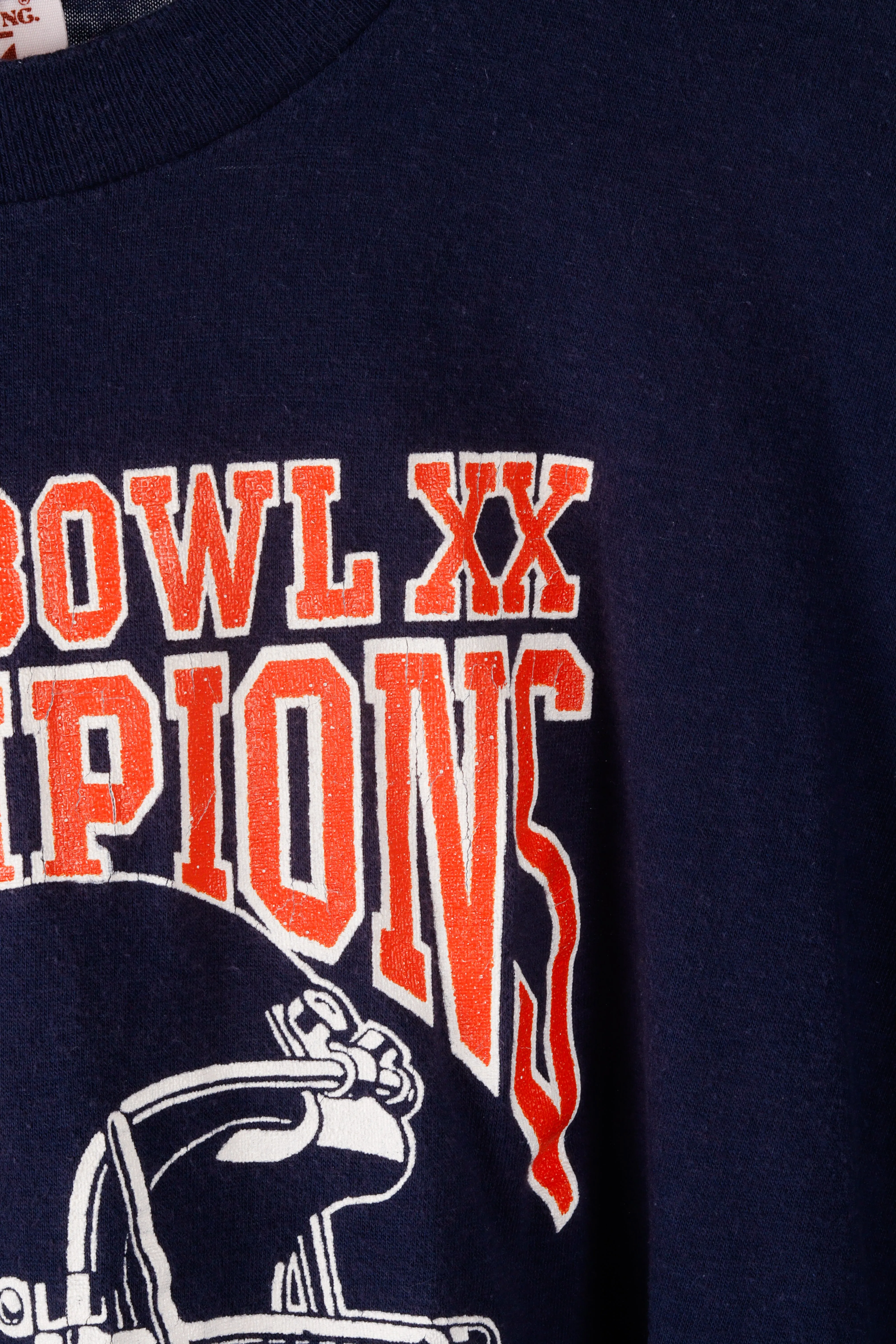 Vintage 1986 Chicago Bears 'Super Bowl XX Champions Helmet Logo' T-Shirt Blue
