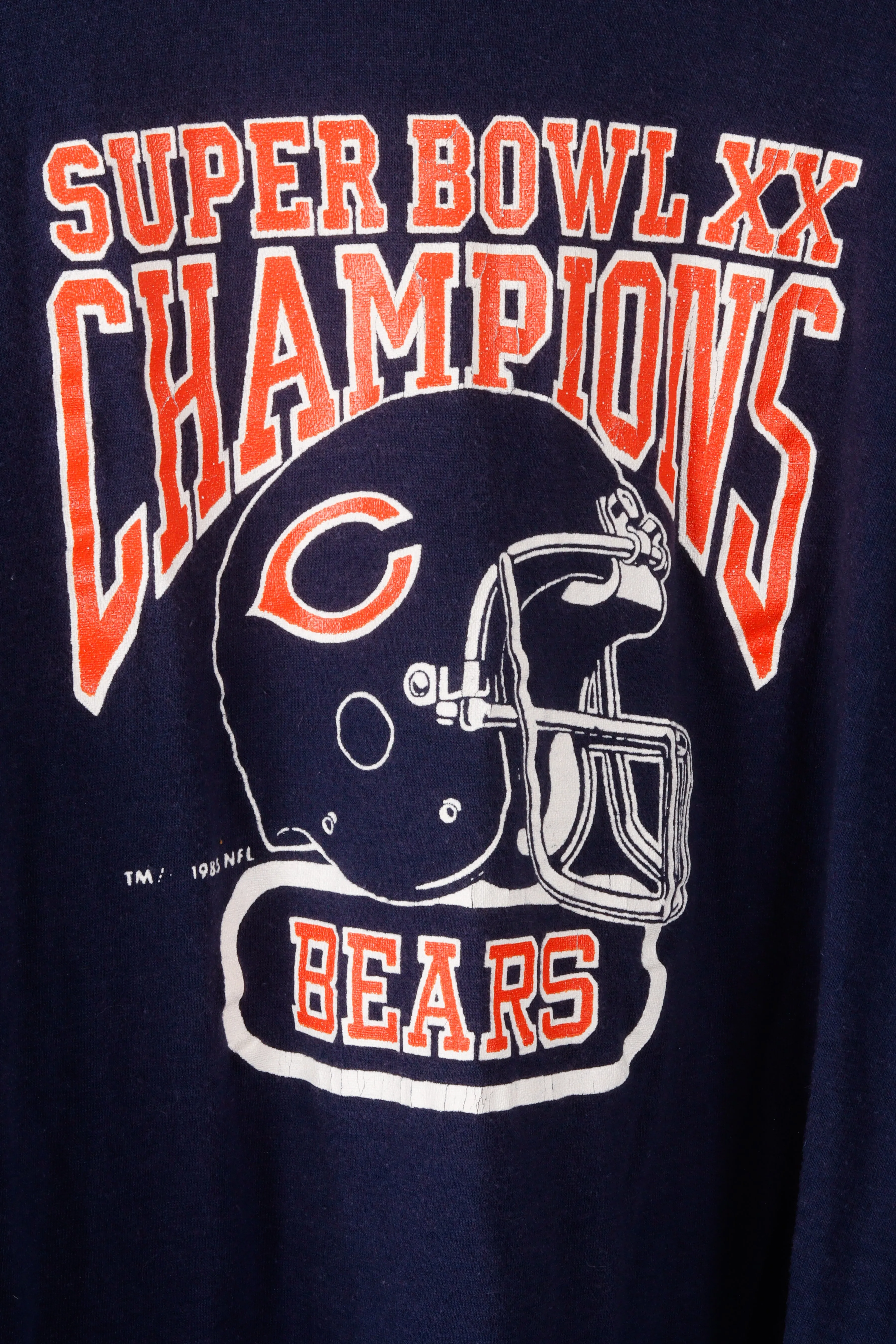 Vintage 1986 Chicago Bears 'Super Bowl XX Champions Helmet Logo' T-Shirt Blue